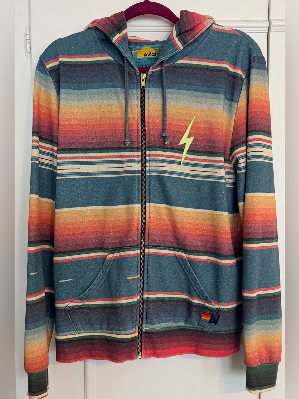 Aviator Nation Serape Multicolor Stripe Bolt Stitch Zip Up Hoodie Size Large